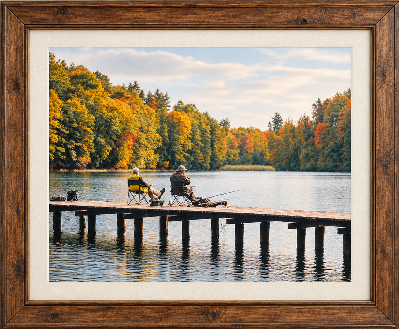 Framed autumn lake fishing photograph with two people on a pier