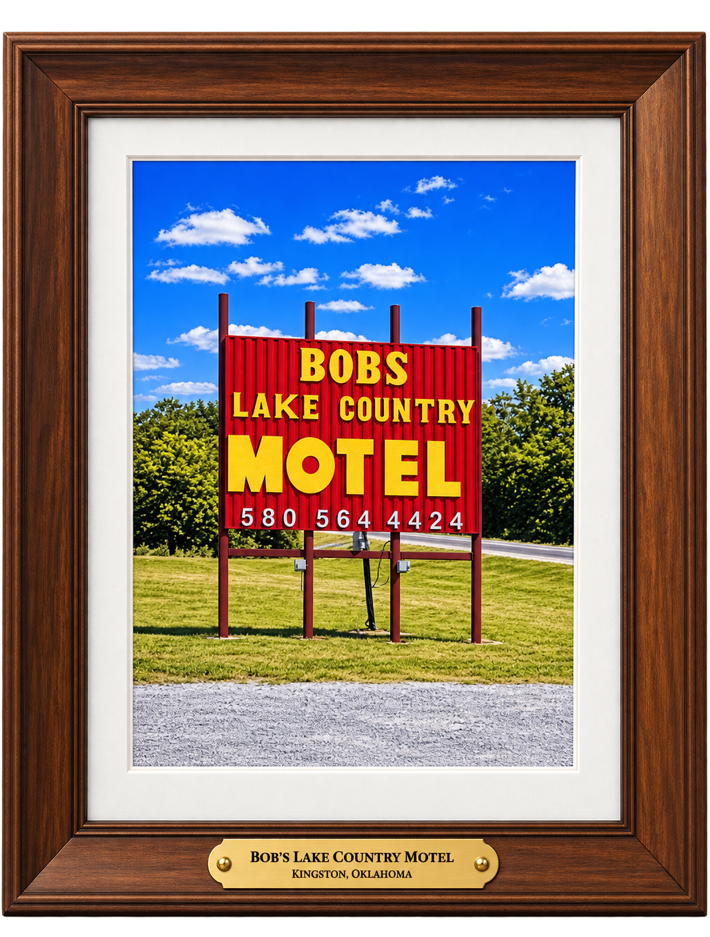 Framed Bob's Lake Country Motel roadside sign