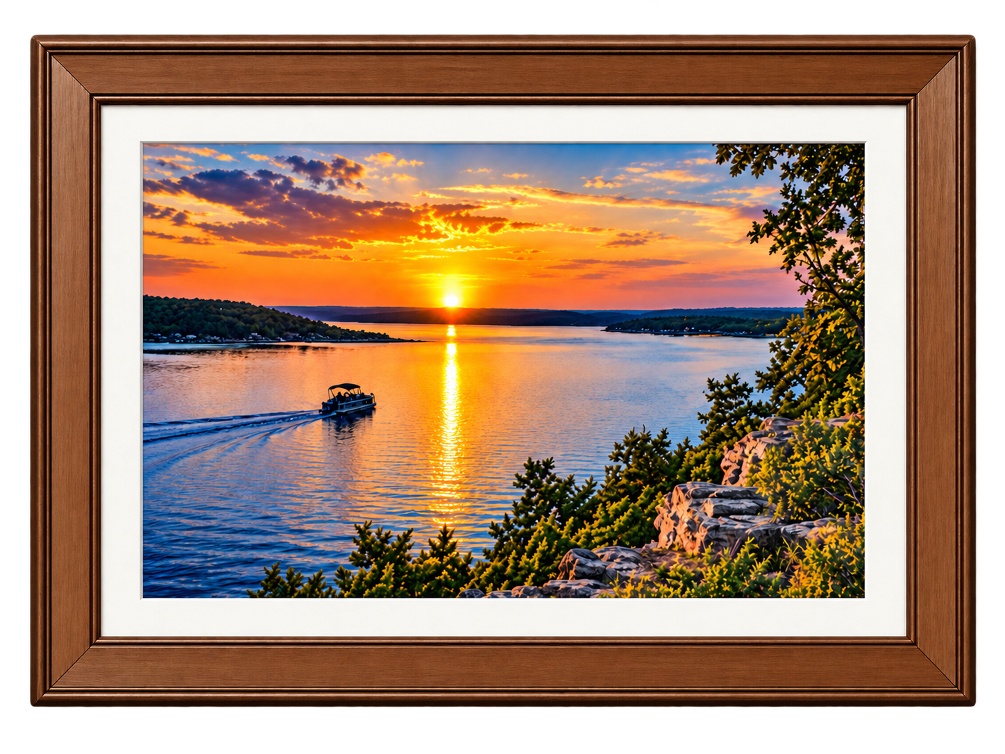 Framed relaxing Lake Texoma sunset with a boat on the water