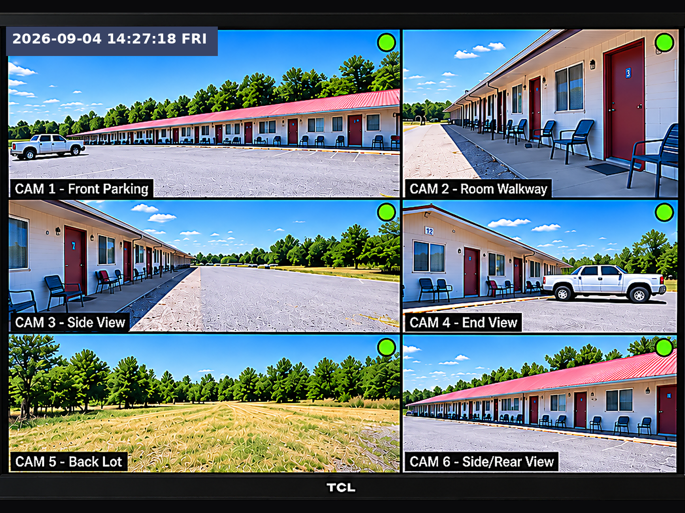 Bob's exterior surveillance monitor showing camera views around the property
