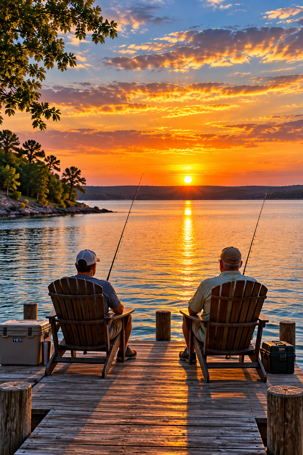 Two anglers fishing from a dock at sunset on Lake Texoma